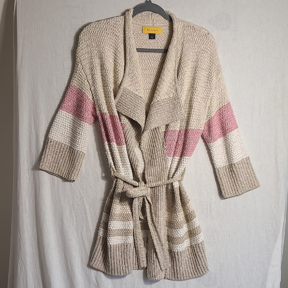 St. John Beige and Pink Silk Linen Blend Knit Open Cardigan With Tie Size Small